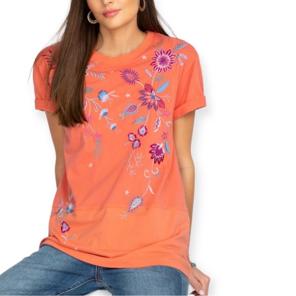 JOHNNY WAS Phoebe Short Sleeve Relaxed Tee Living Coral Embroidered TShirt - Picture 5 of 9